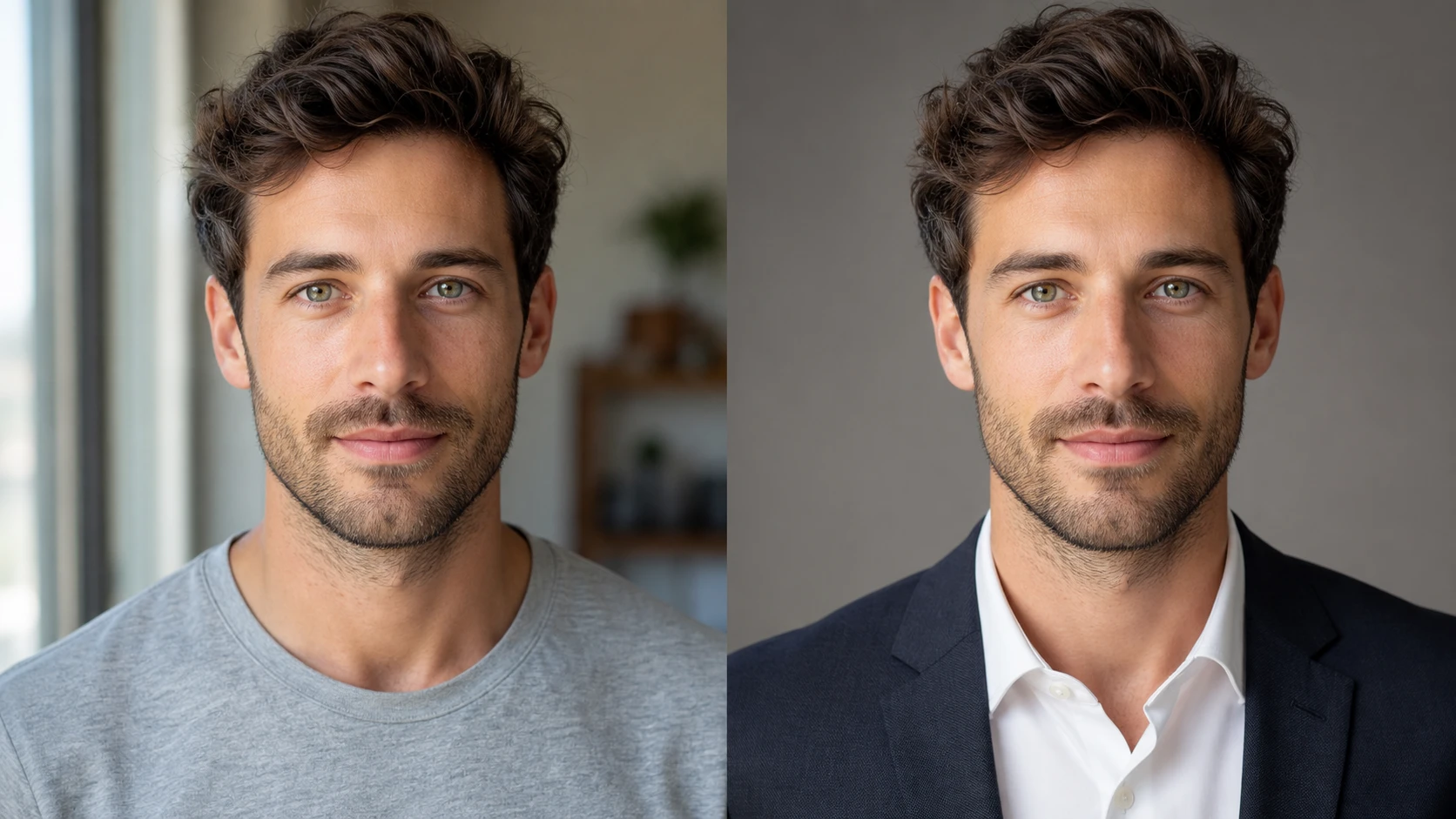 Casual source portrait and polished ProfileLoom AI portrait of the same person