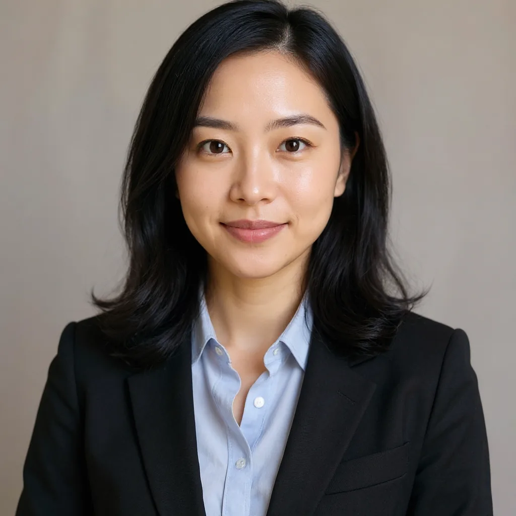 Professional studio headshot with a dark blazer and pale blue shirt