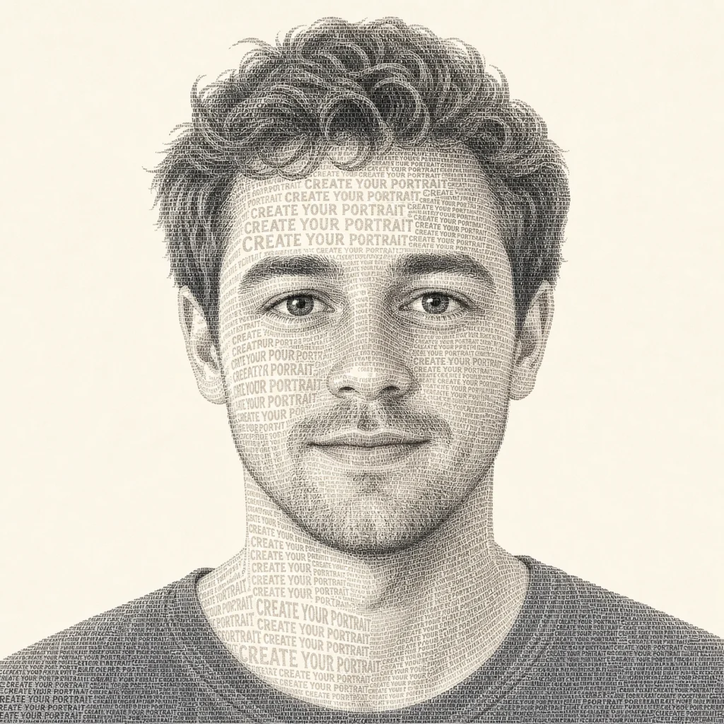 Typography portrait built from repeated words